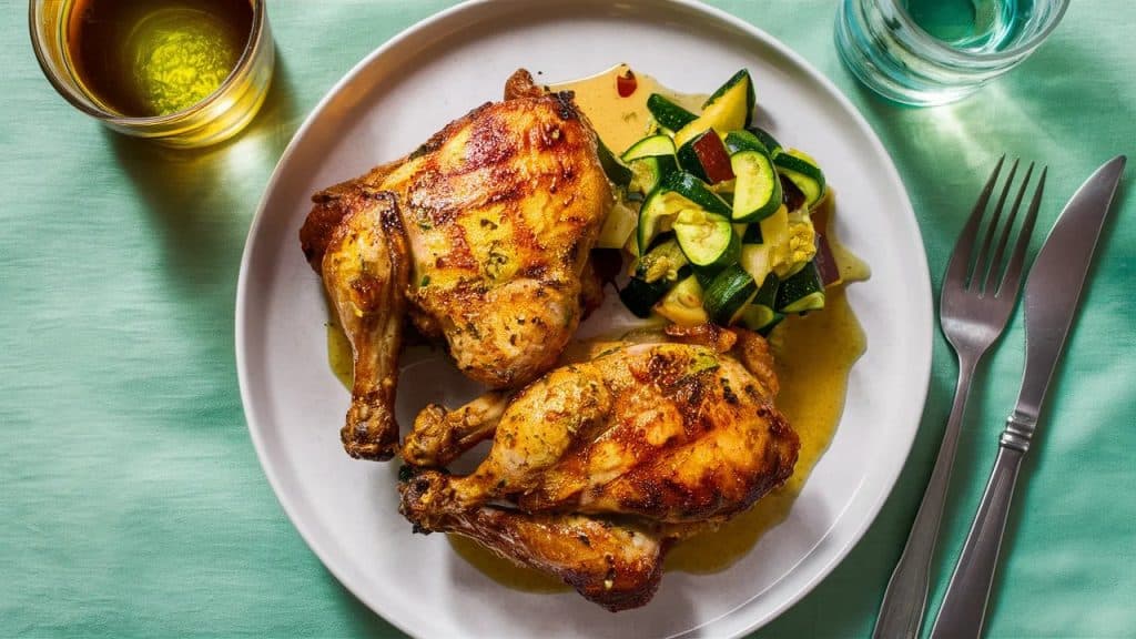 Vitaliserfr Poulet Grillé au Miel et à la Moutarde avec Relish de Courgettes et Maïs