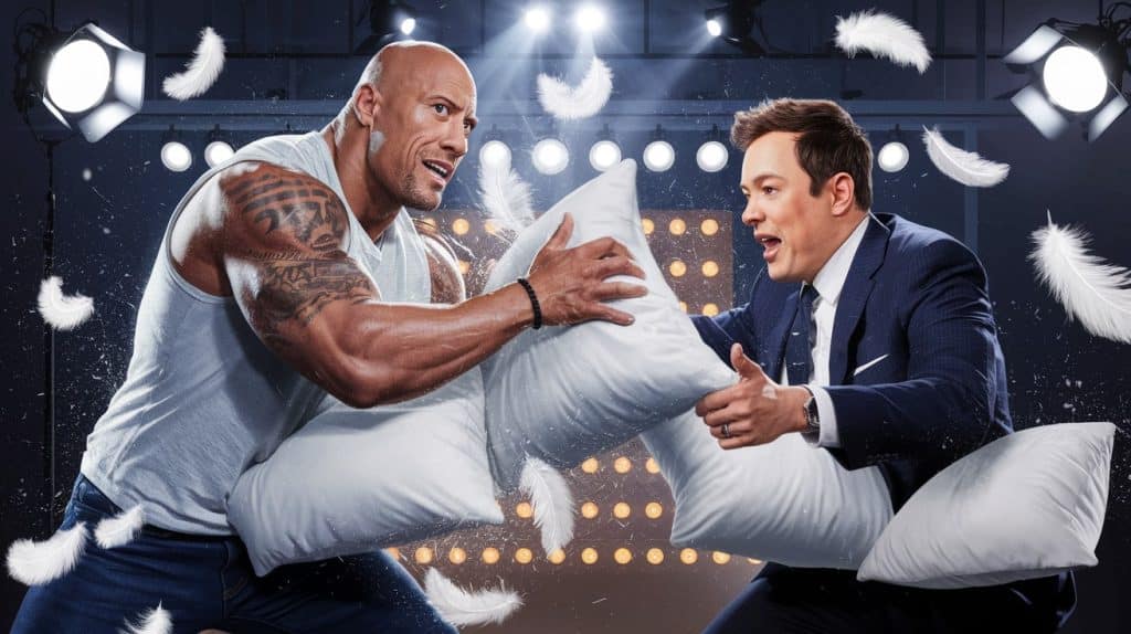 Vitaliserfr Le Combat Explosif de Coussins entre The Rock et Jimmy Fallon